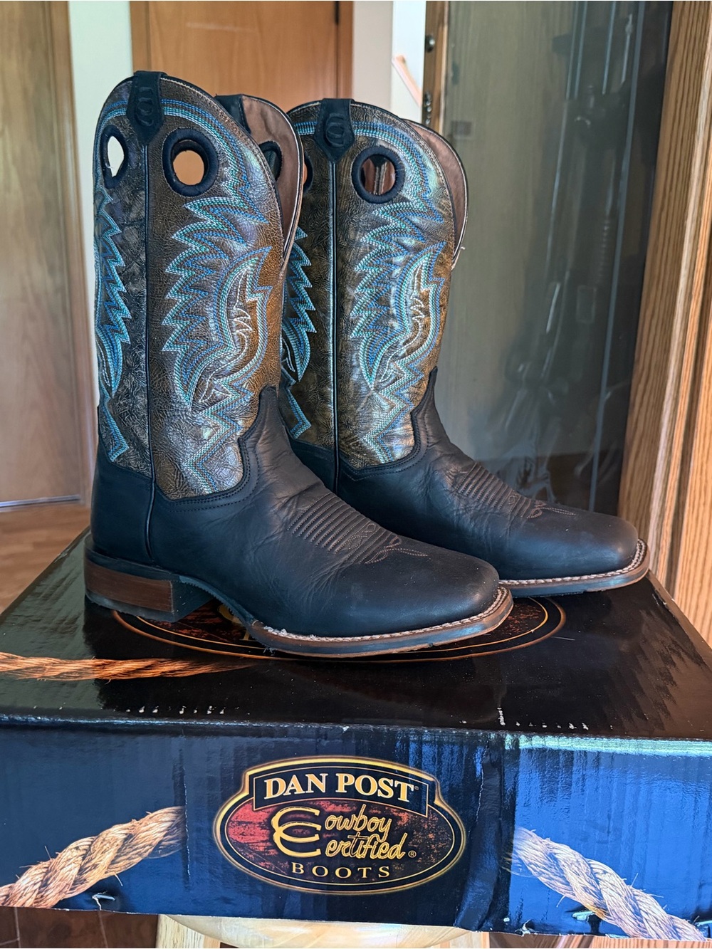 Dan Post Black Leather Cowboy Boots with Blue Stitching